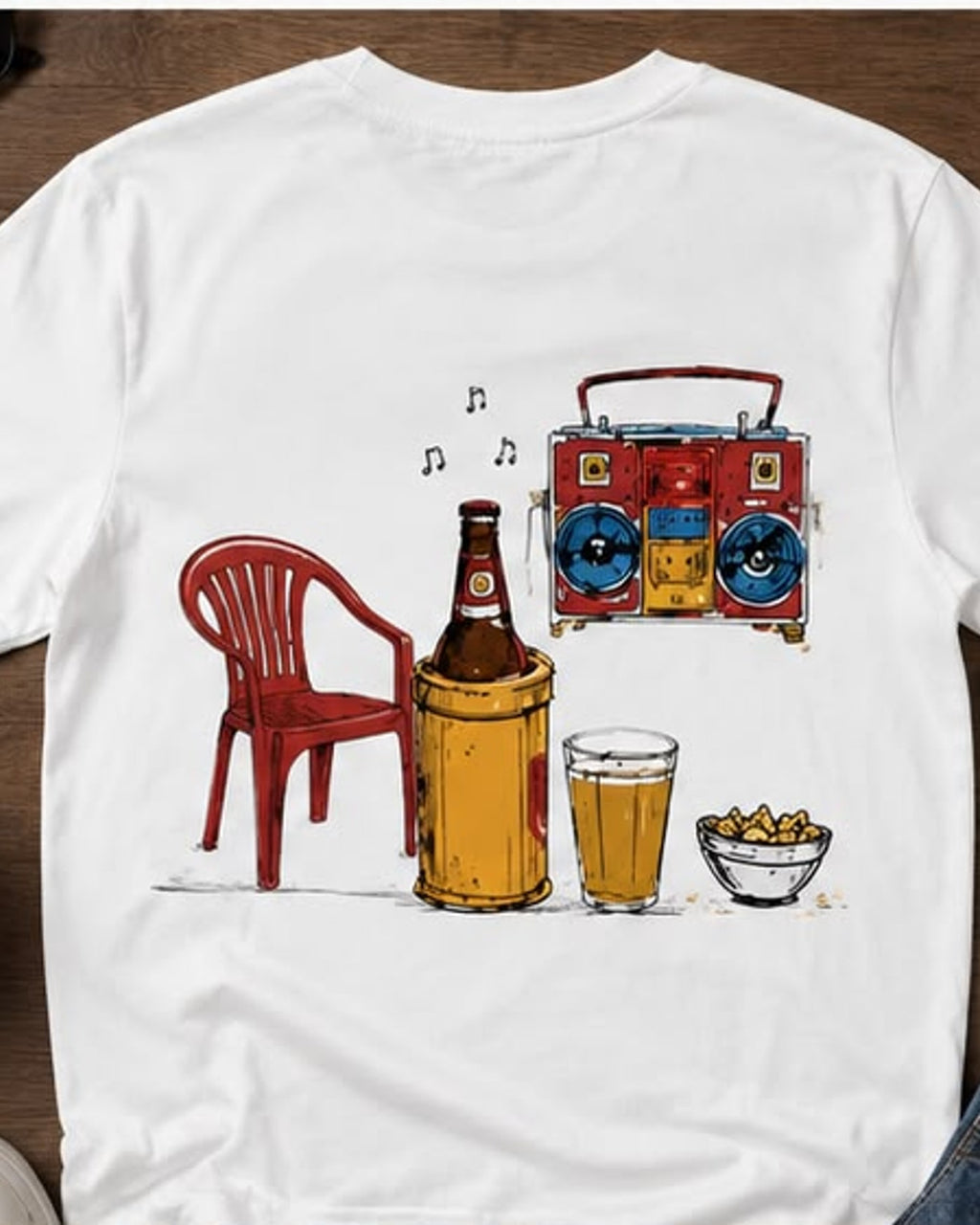 Costas da camiseta branca com cadeira de plástico, cerveja e rádio ilustrados