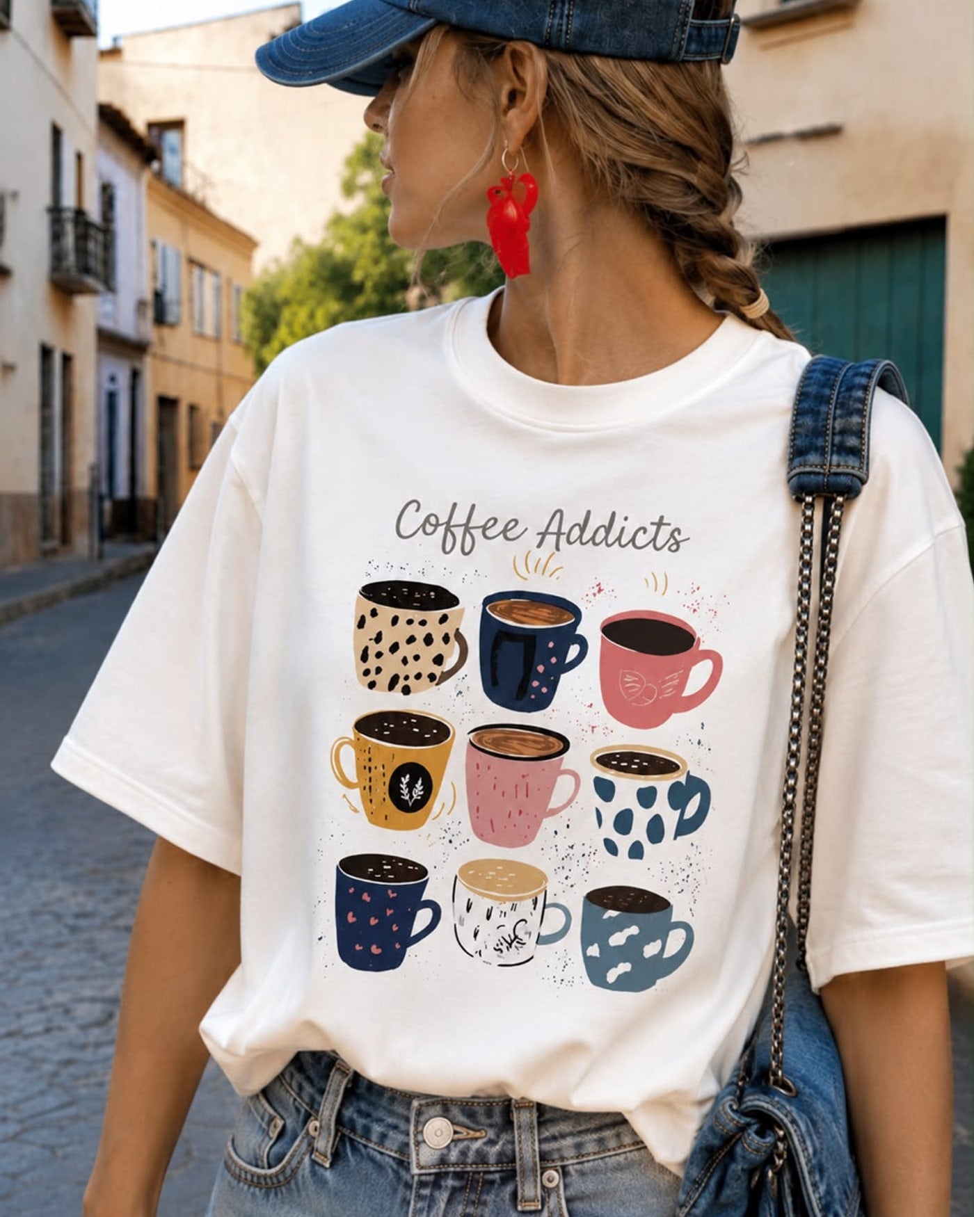 Camiseta branca Coffee Addicts com xícaras ilustradas