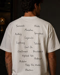 Costas da camiseta offwhite com lista manuscrita de destilarias de whisky
